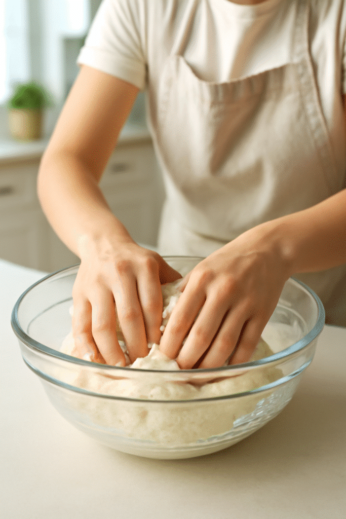 Amasando pan de molde sin gluten en cocina casera