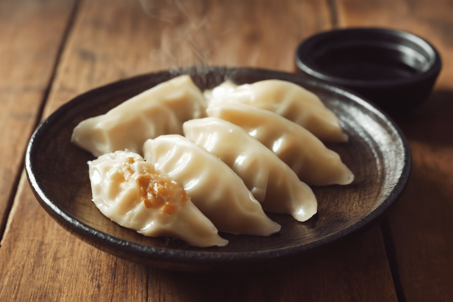 Gyozas sin gluten recién hechas sobre plato japonés