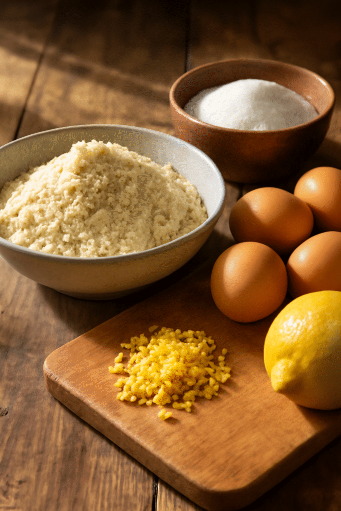 Ingredientes naturales para Tarta de Santiago sin gluten sobre mesa rústica