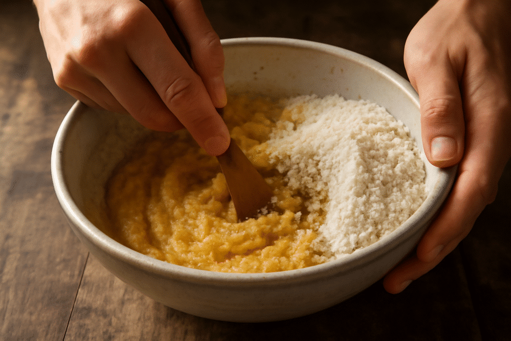 Mezclando a mano la masa de Tarta de Santiago sin gluten en bol rústico