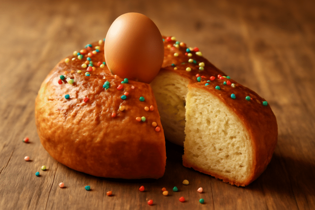 Mona de Pascua sin gluten horneada sobre mesa de madera