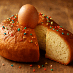 Mona de Pascua sin gluten horneada sobre mesa de madera