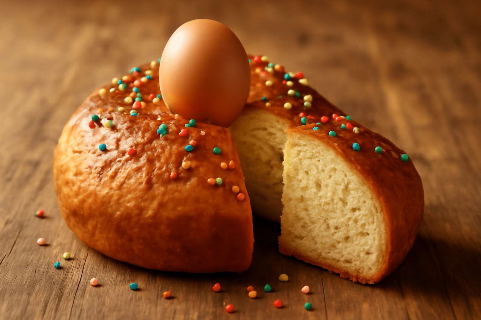 Mona de Pascua sin gluten horneada sobre mesa de madera