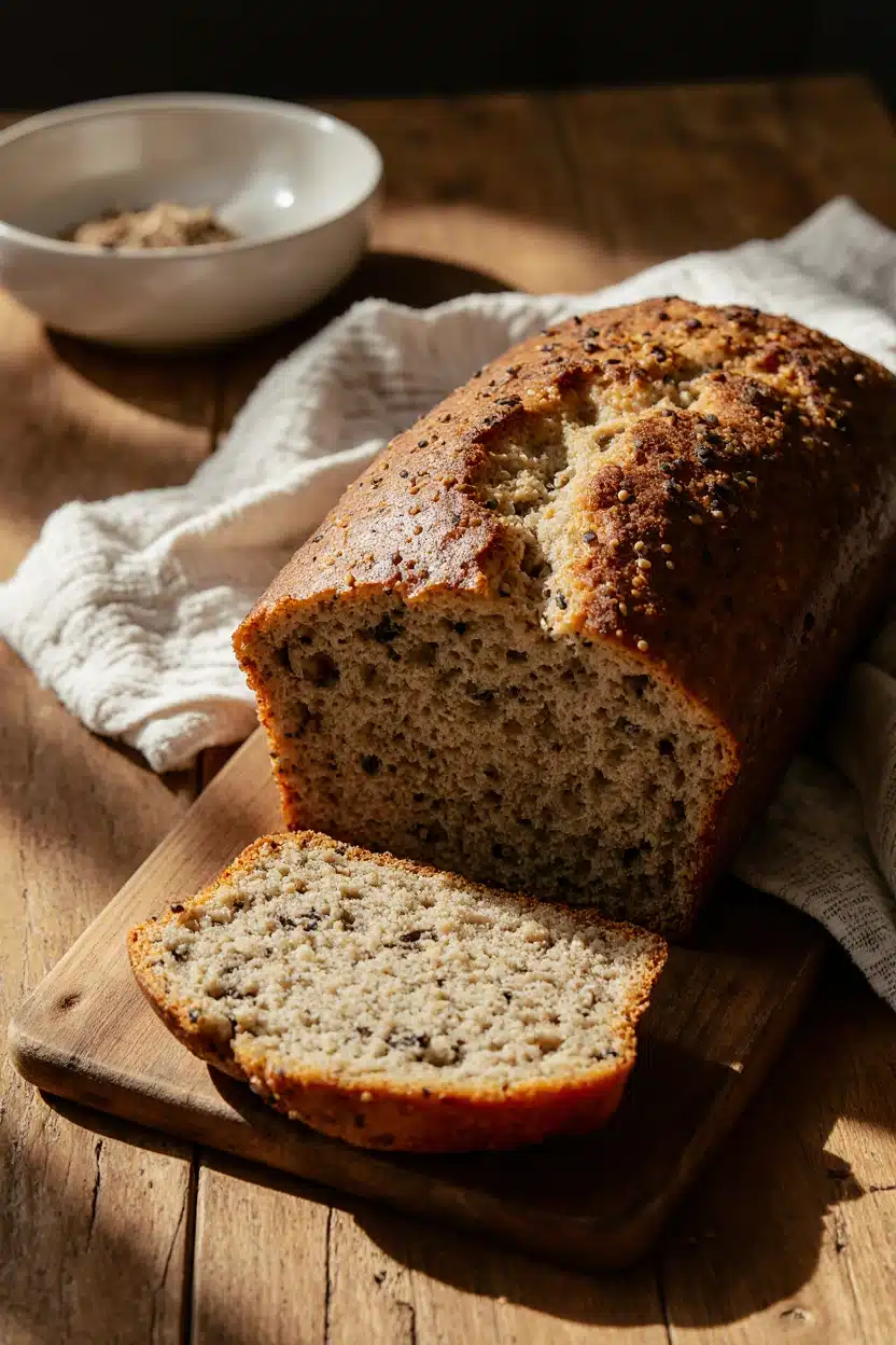 Pan de chía sin gluten sobre mesa rústica de madera