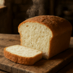 Pan de molde sin gluten casero recién horneado en tabla de madera
