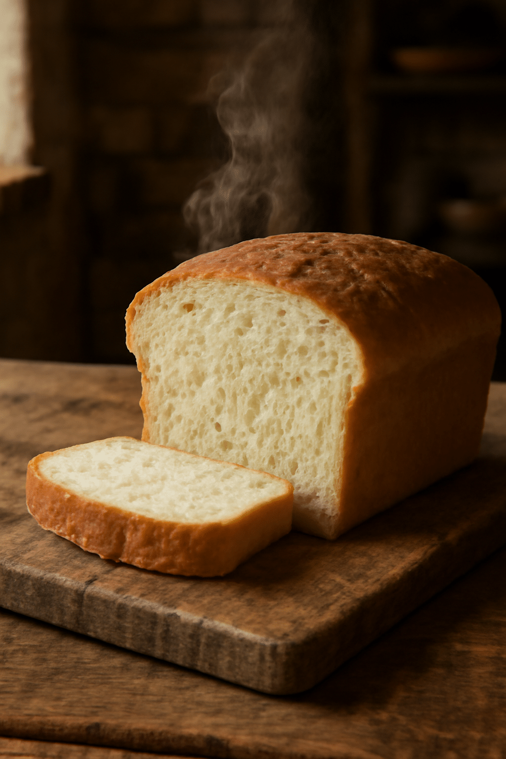 Pan de molde sin gluten casero recién horneado en tabla de madera