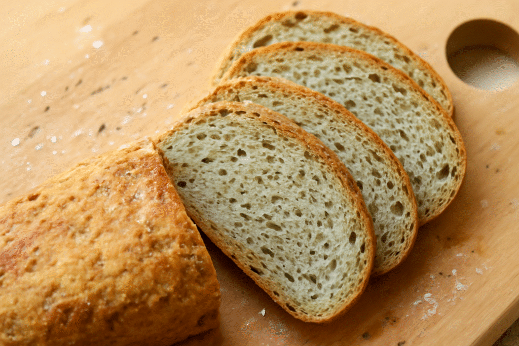 pan sin gluten recién horneado en mesa rústica