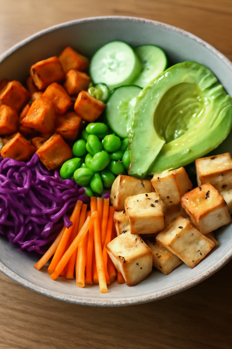 Poke bowl de boniato con ingredientes frescos y saludables