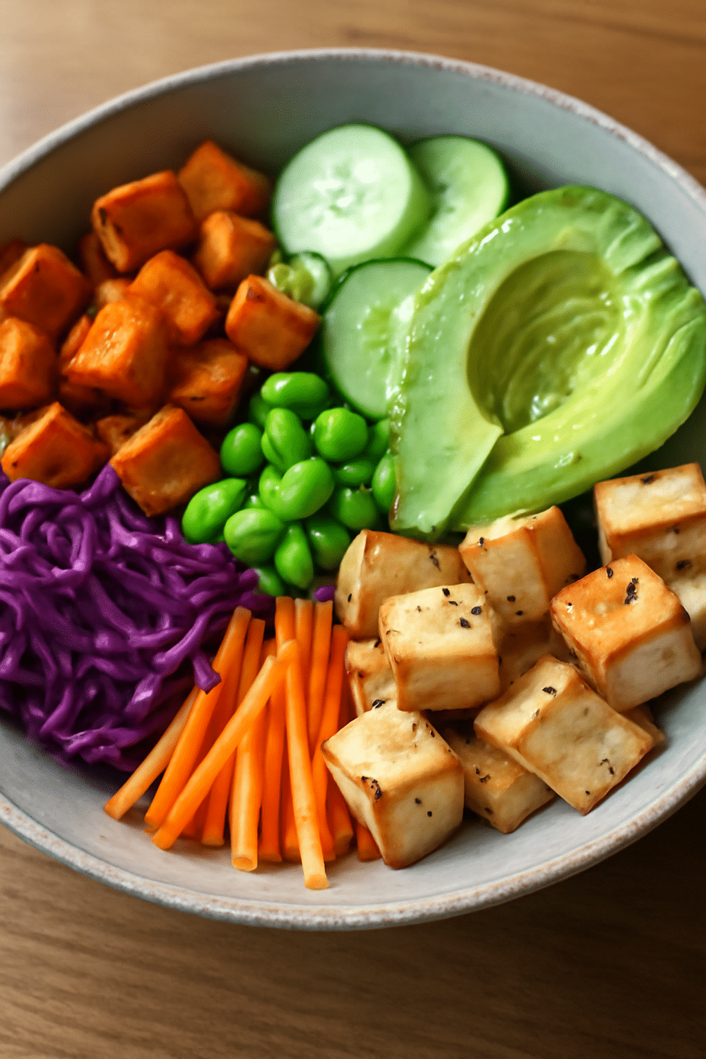 Poke bowl de boniato con ingredientes frescos y saludables