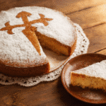 Tarta de Santiago sin gluten recién horneada con cruz en azúcar glas