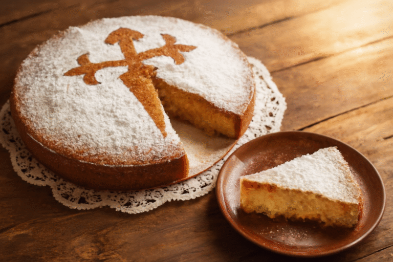 Tarta de Santiago sin gluten recién horneada con cruz en azúcar glas