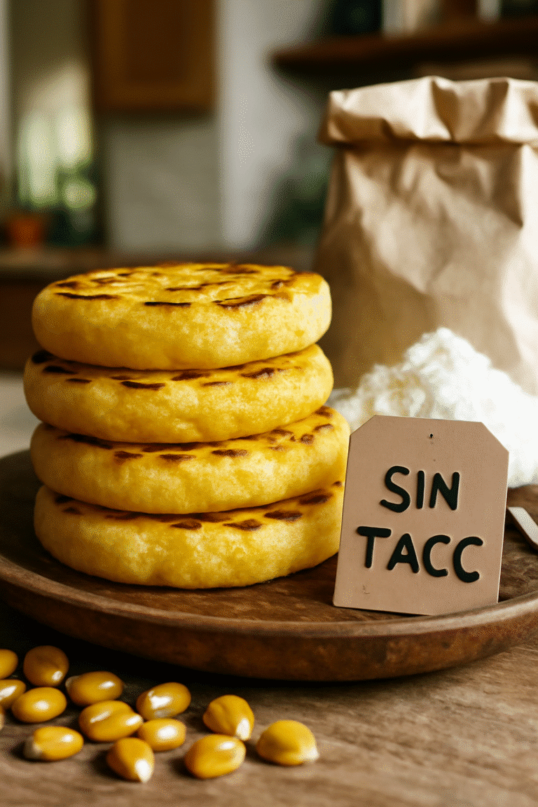 Arepas sin gluten doradas sobre plato de madera con maíz