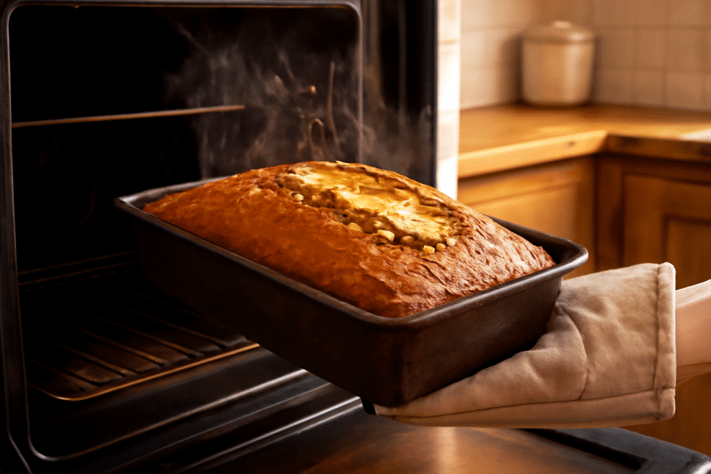 Bizcocho de avena y plátano saliendo del horno con corteza dorada