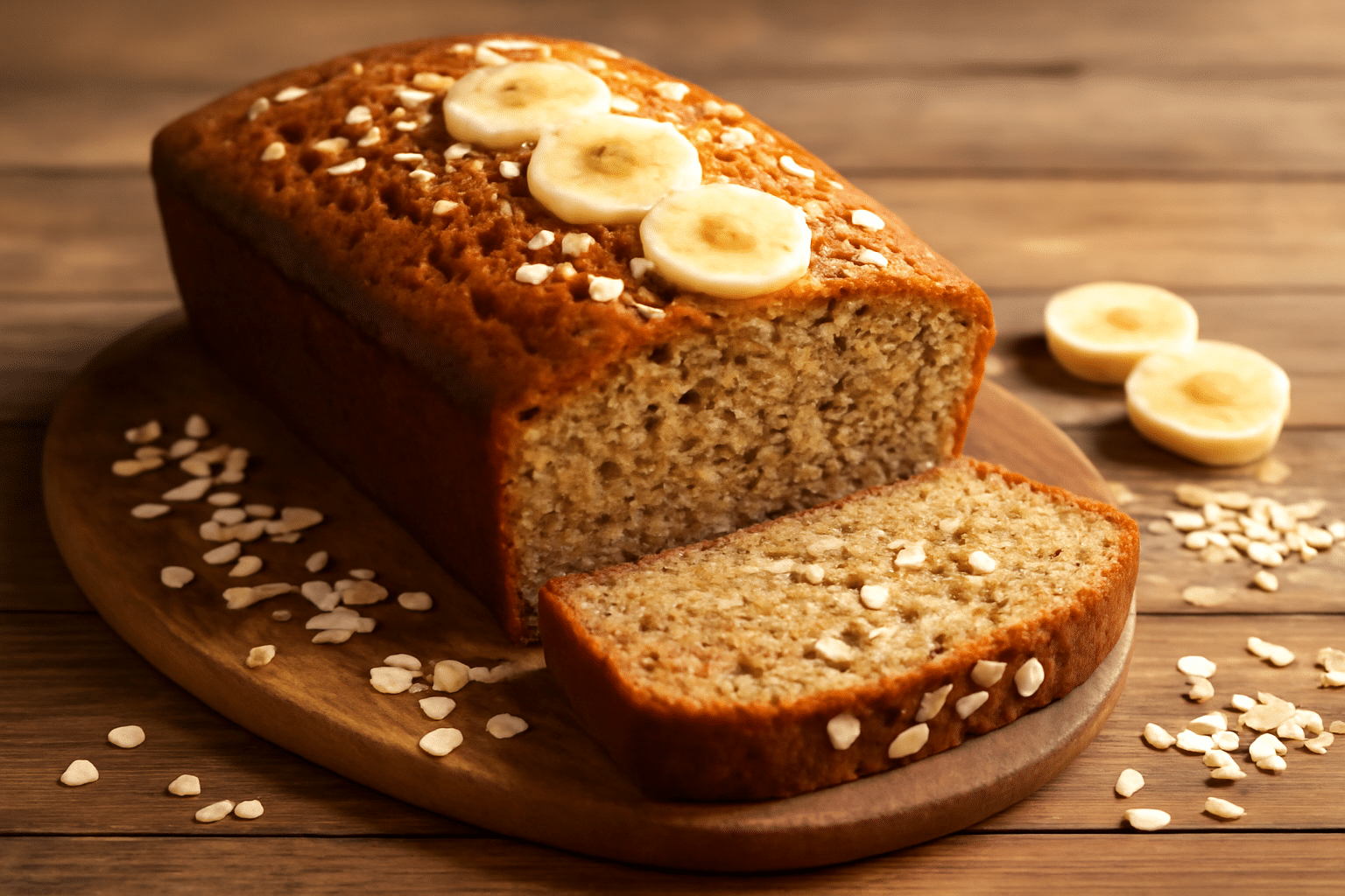 Bizcocho de avena y plátano recién horneado con textura húmeda