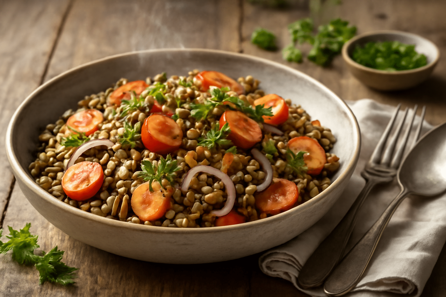 Ensalada de lentejas sin gluten servida con vegetales frescos