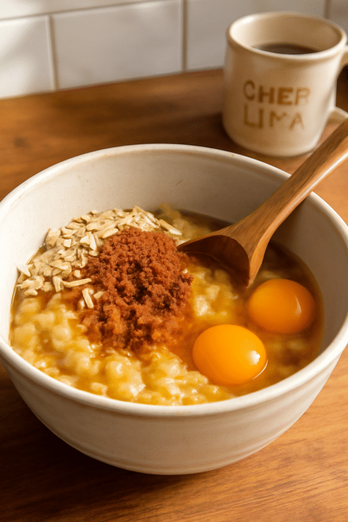 Mezcla de plátano, avena, huevo y canela para bizcocho saludable