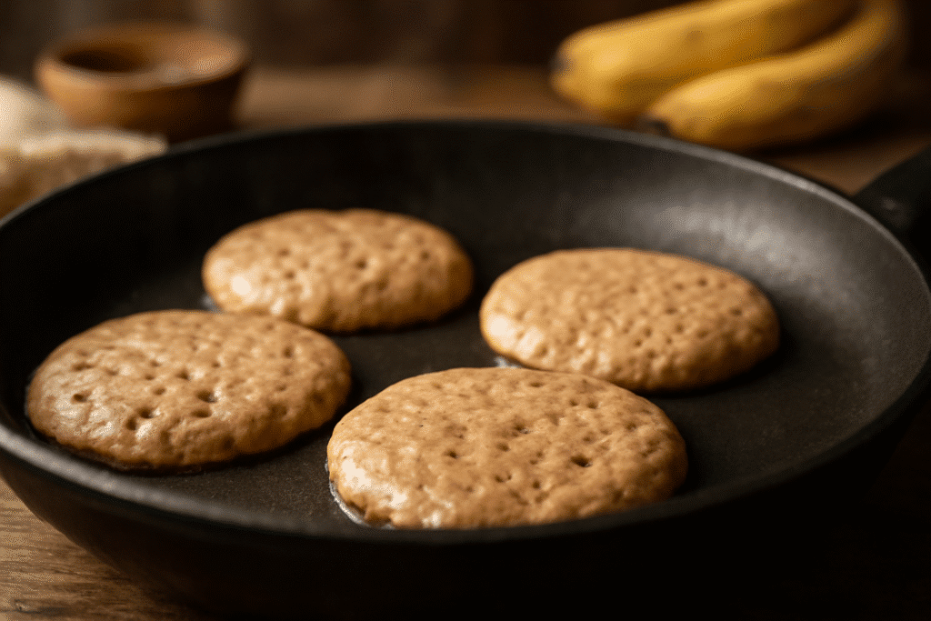 Mezcla de tortitas de avena y plátano cocinándose en sartén antiadherente con textura dorada