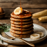 Tortitas de avena y plátano recién hechas sobre tabla rústica, servidas calientes con vapor visible