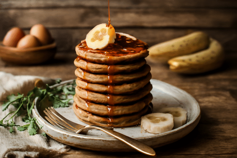 Tortitas de avena y plátano recién hechas sobre tabla rústica, servidas calientes con vapor visible