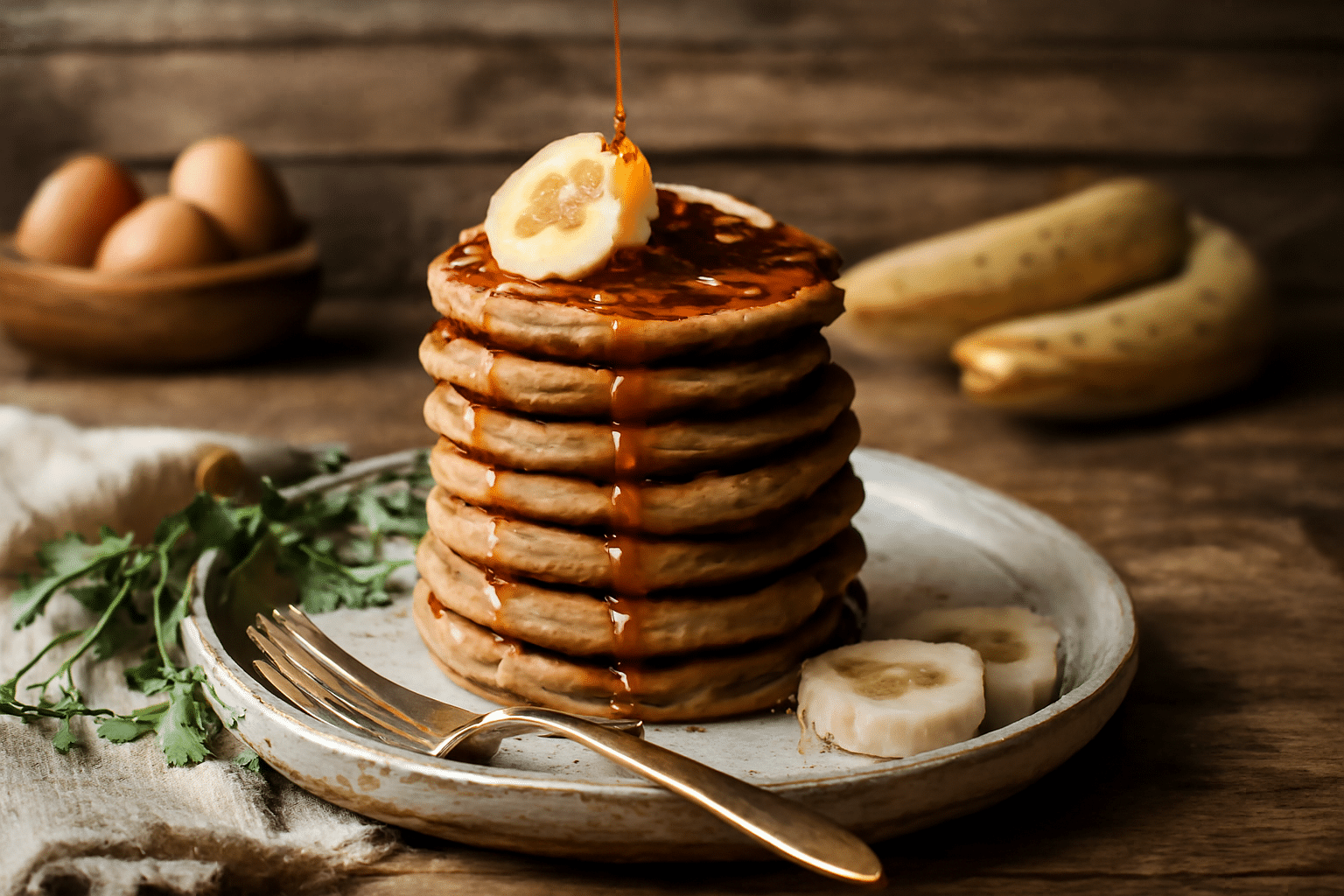 Tortitas de avena y plátano recién hechas sobre tabla rústica, servidas calientes con vapor visible