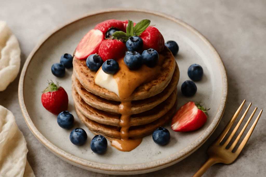 Tortitas de avena y plátano con frutas frescas, yogur natural y mantequilla de almendra