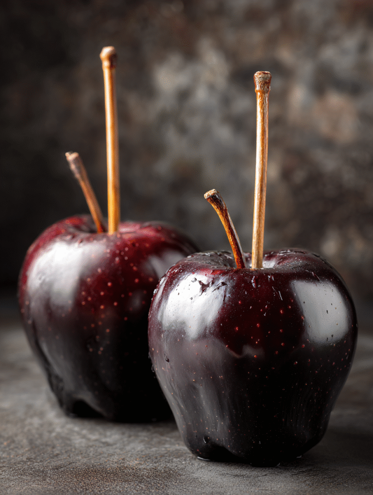 Black candy apples with wooden sticks spooky