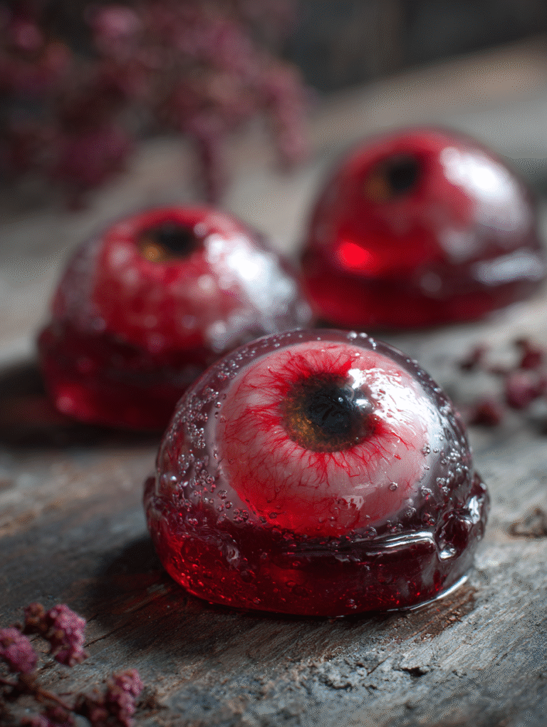 Bloody eyeball gelatin dessert with creepy realis