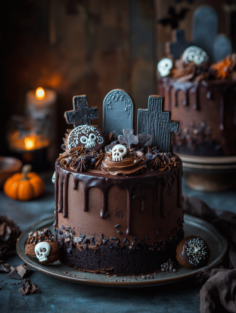 Chocolate graveyard cake with cookie tombstones
