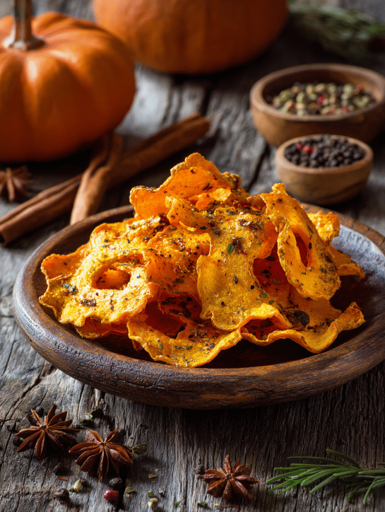Crispy Halloween pumpkin chips on rustic wooden p