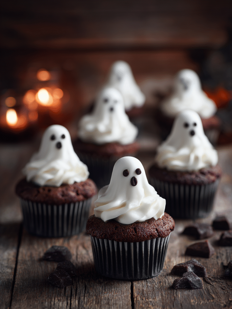 Cute ghost cupcakes with chocolate