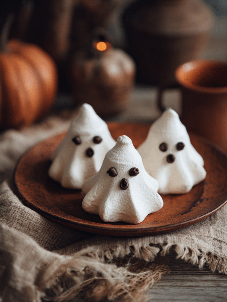 Cute meringue ghosts with chocolate eyes and spoo