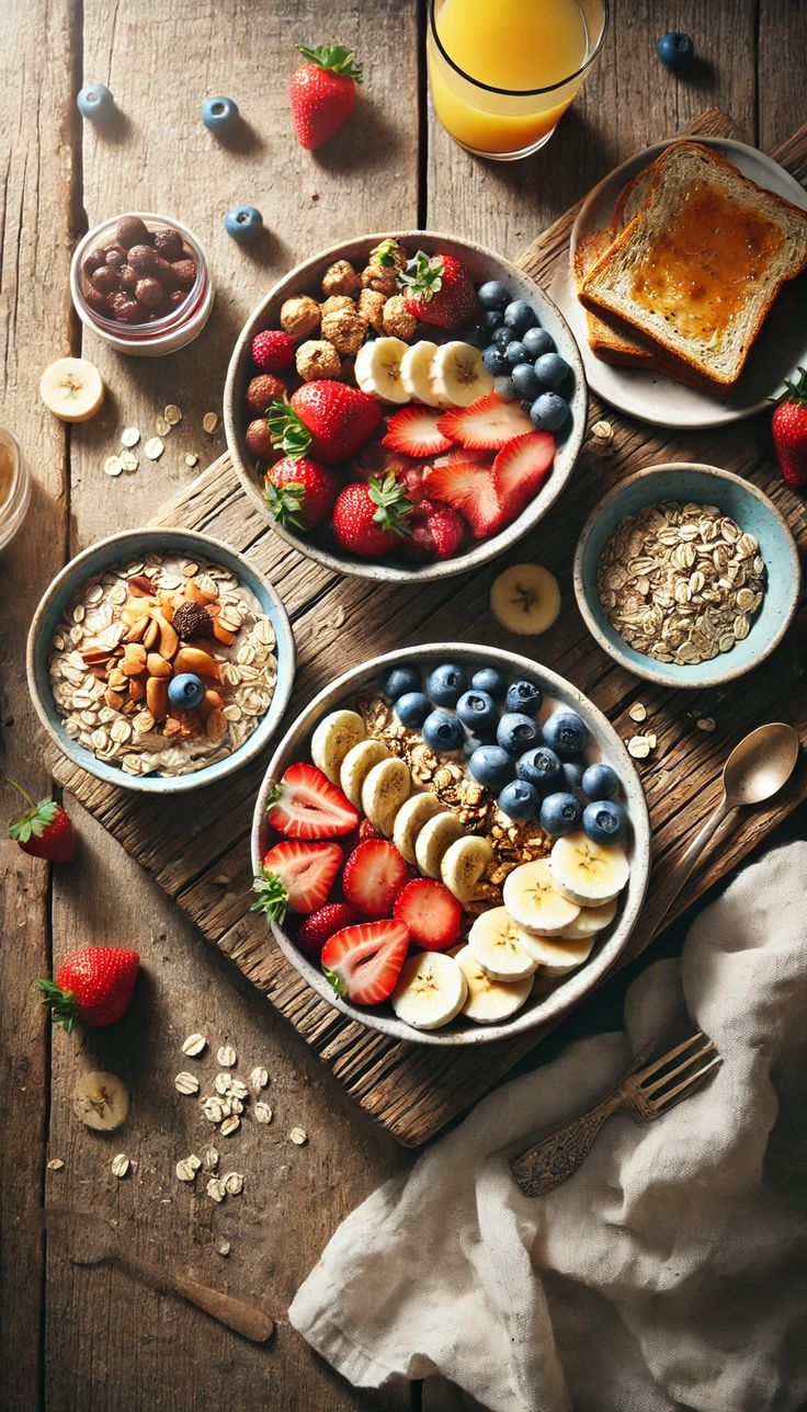 Desayuno sin gluten saludable con bowls de frutas frescas, avena sin gluten, frutos secos y jugo natural sobre mesa rústica.