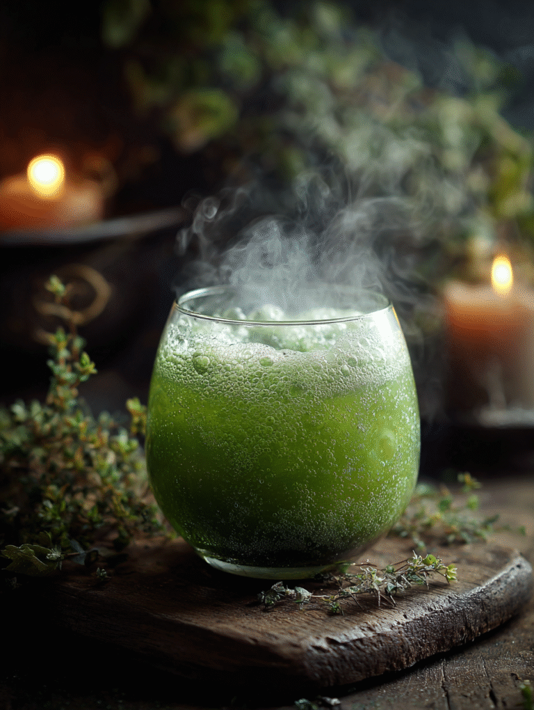 Green witch potion drink in glass cauldron