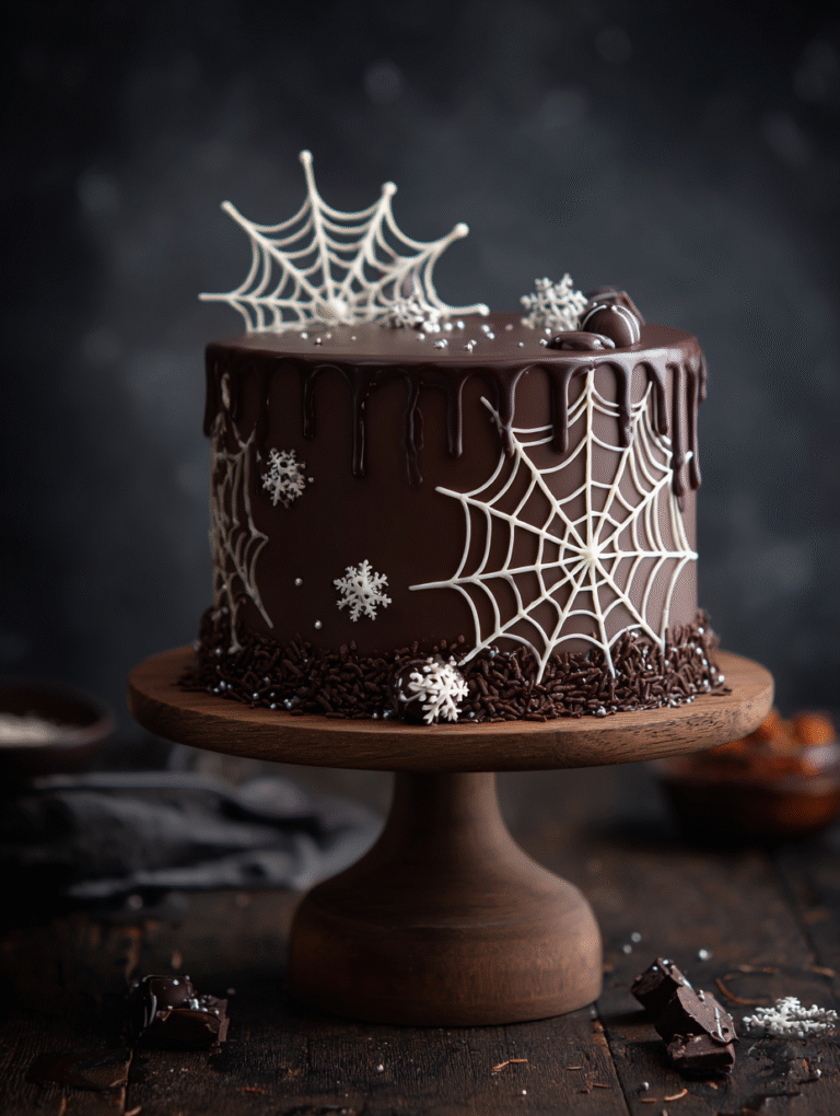 Halloween chocolate spiderweb cake