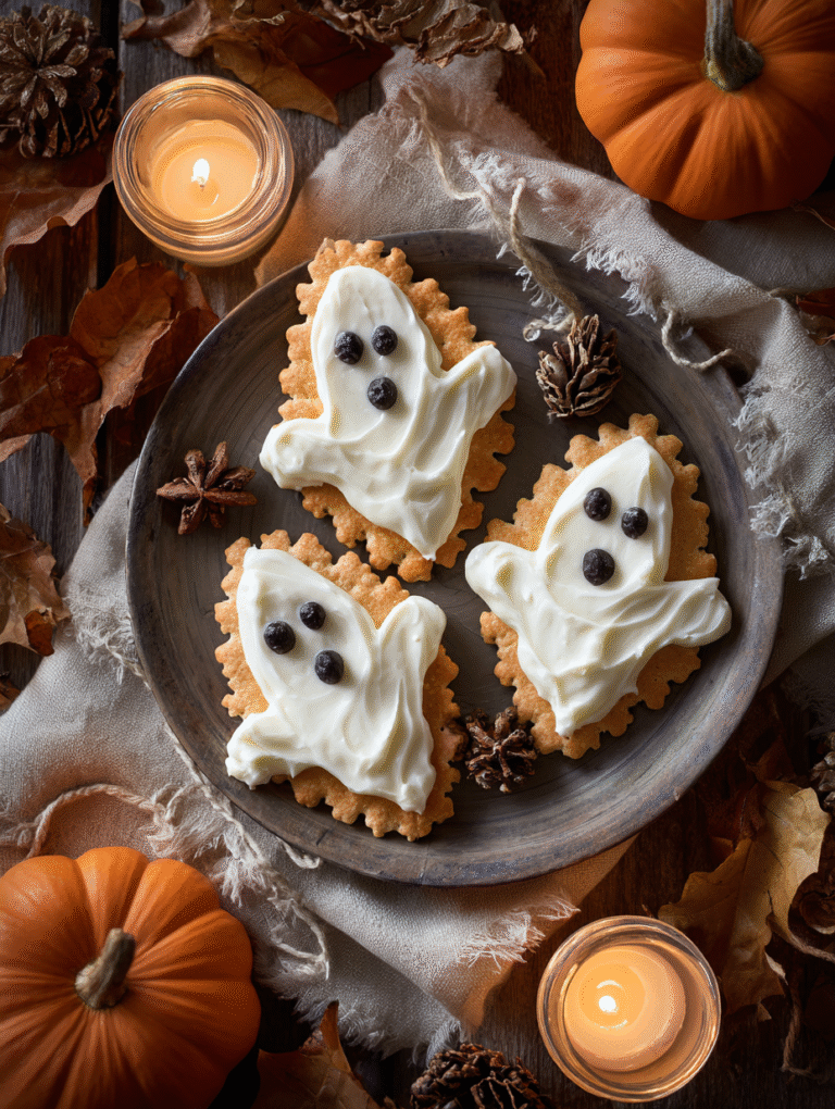 Halloween cream cheese ghosts on salty crackers