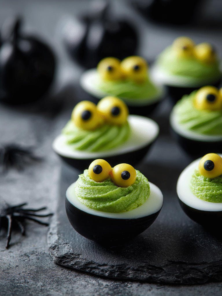 Halloween deviled eggs monster eyes with green