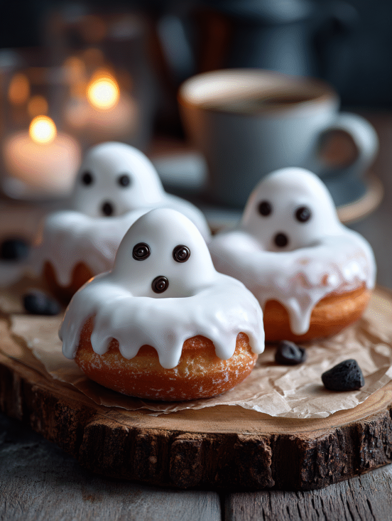 Halloween ghost sugar donuts with white icing and