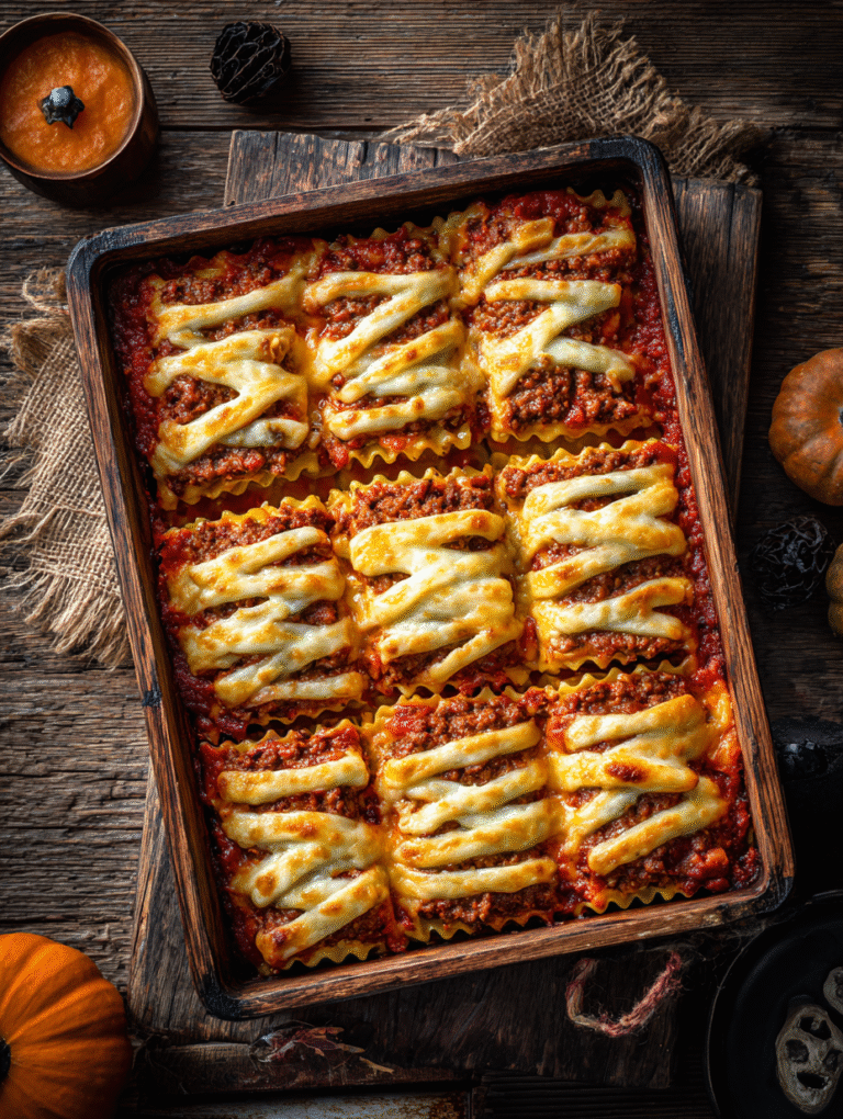 Halloween mummy lasagna with cheese strips and mi