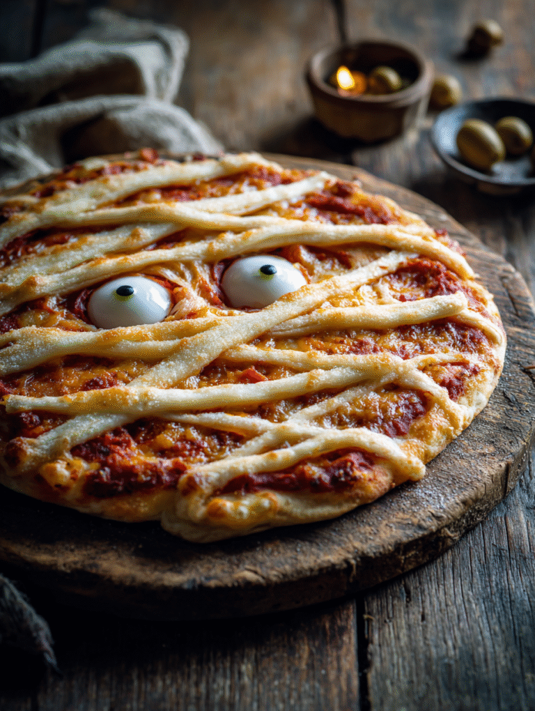 Halloween mummy pizza with mozzarella bandages