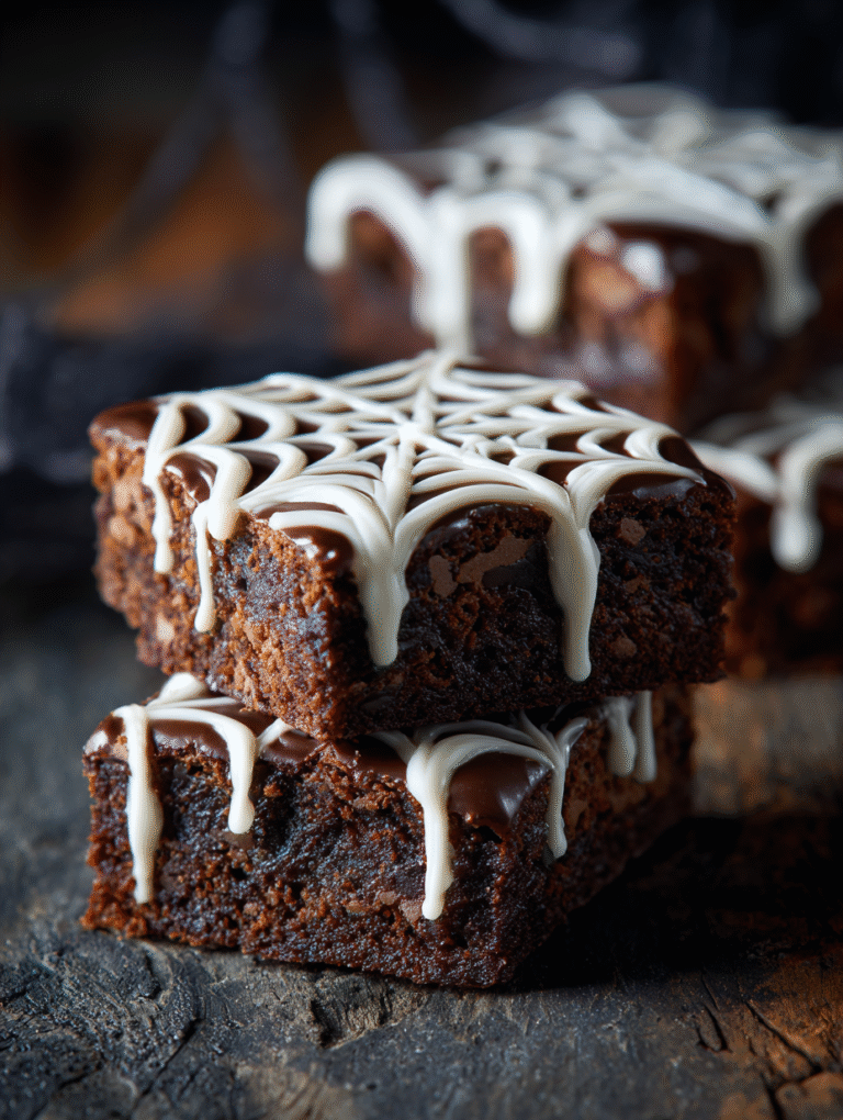 Halloween spiderweb brownies with white icing