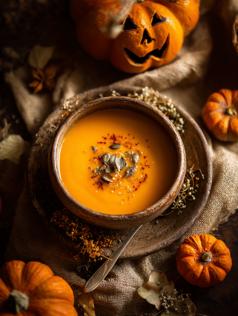 Spooky Halloween pumpkin soup in rustic bowl crea