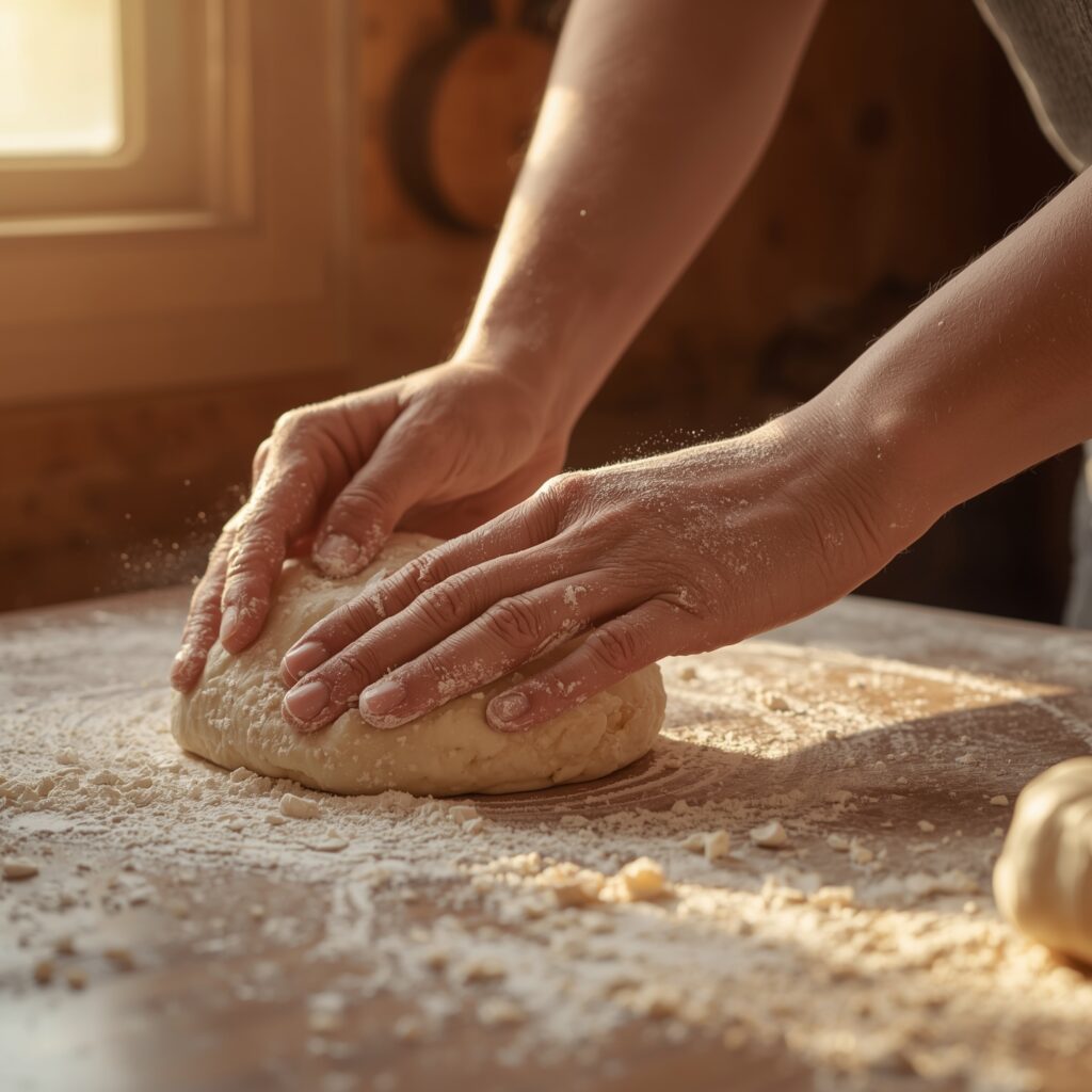 Masa de panecillos sin gluten siendo amasada