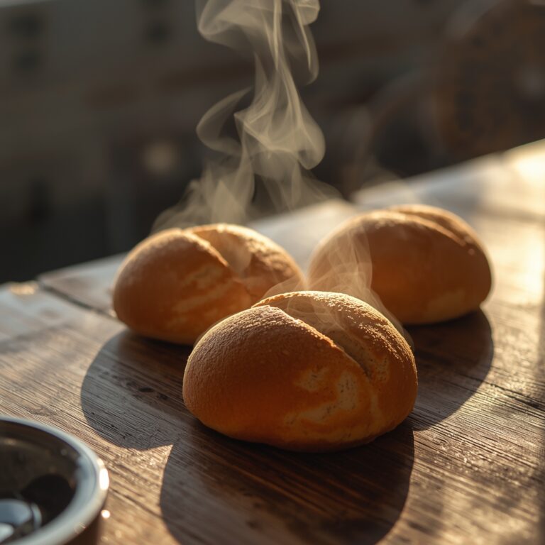 Panecillos sin gluten recién horneados en mesa de madera