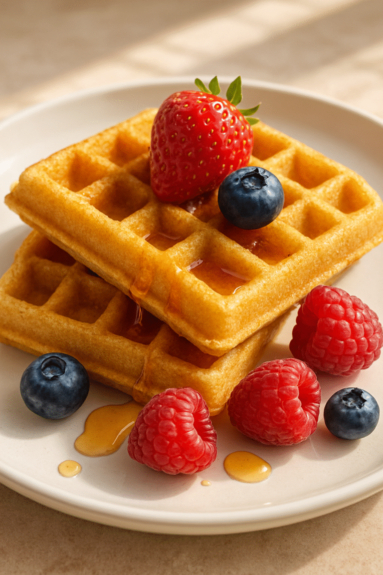 Waffles sin gluten crujientes y esponjosos con frutas frescas