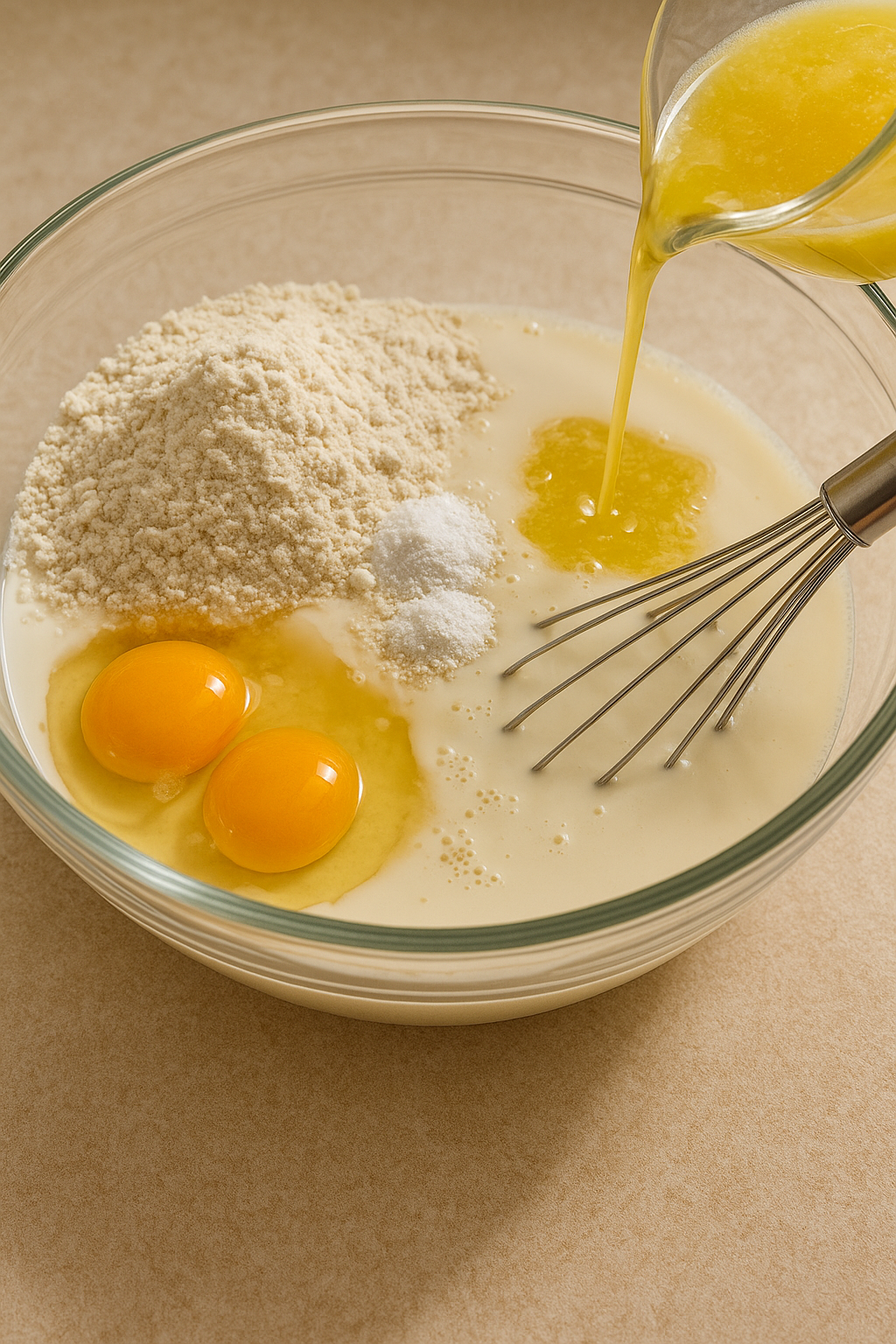 Step-by-step preparation of gluten-free waffle batter in a bowl, natural kitchen light, Samsung S24 Ultra.