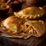 Empanada gallega sin gluten recién horneada en mesa rústica