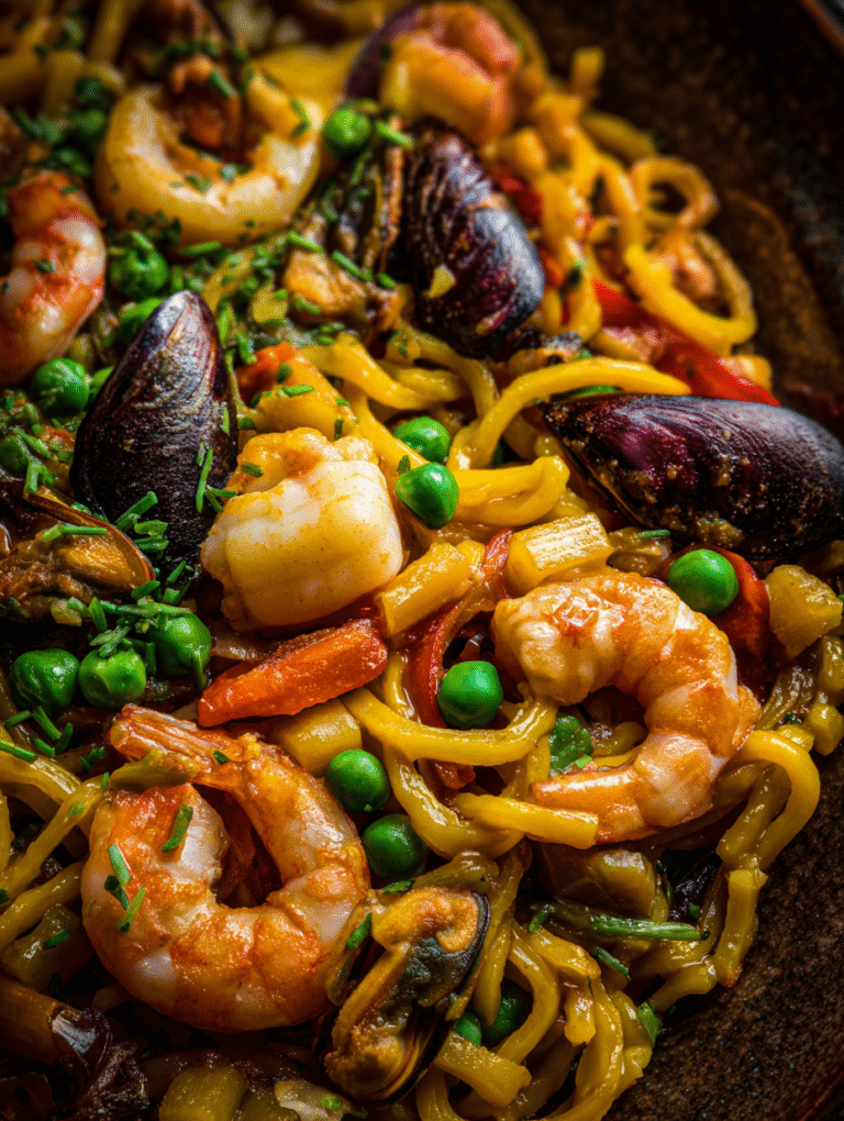 Fideua sin gluten con mariscos frescos
