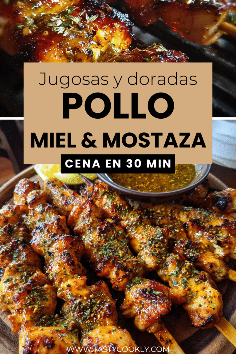 Brochetas de pollo con salsa de miel y mostaza